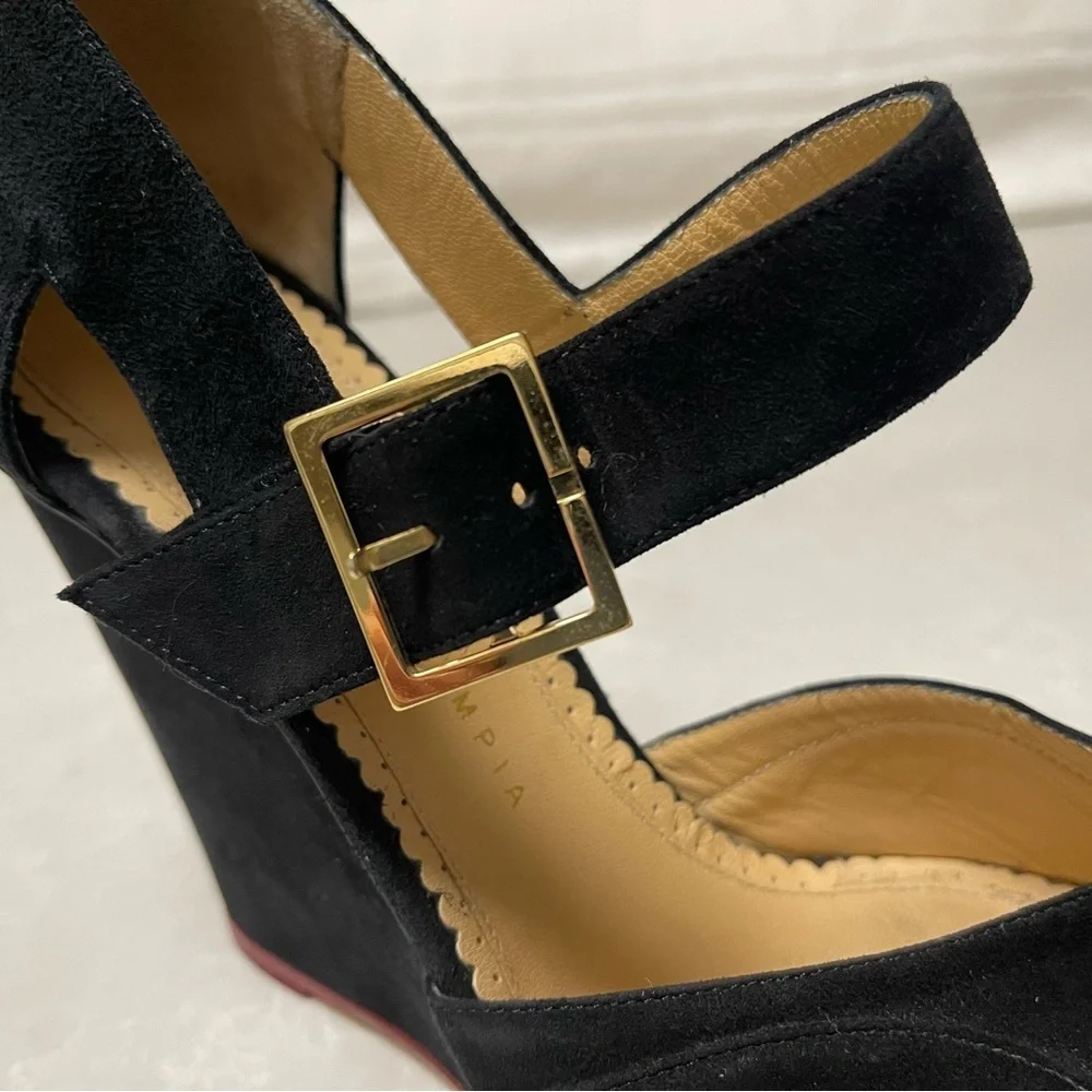 EUC CHARLOTTE OLYMPIA MARCELLA 100 SUEDE WEDGE IN BLACK
